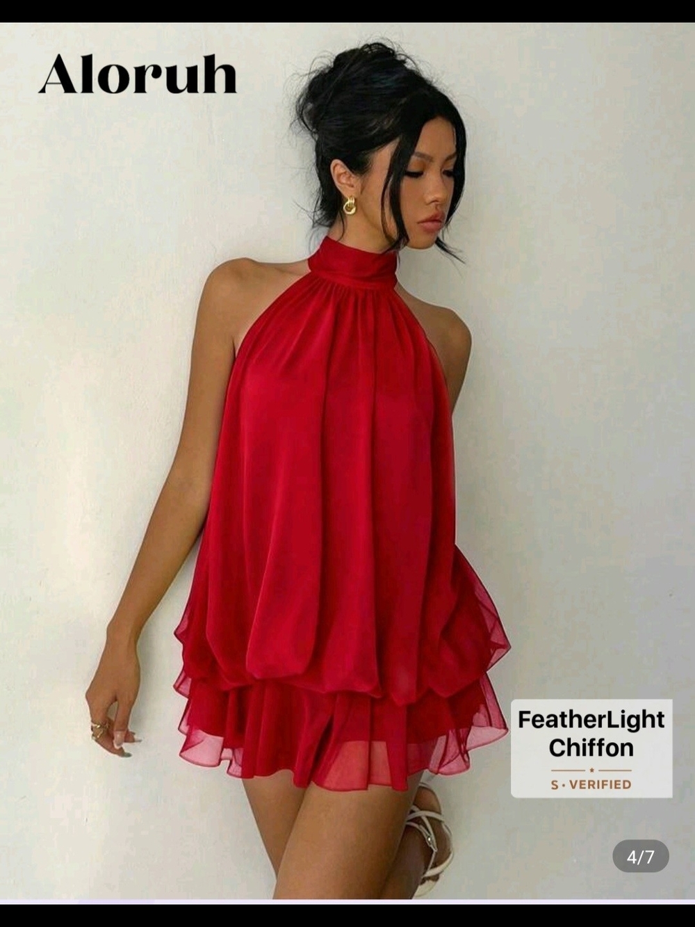 Red Halter Neck Chiffon Mini Dress
